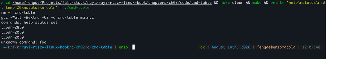 x86 上编译运行 cmd-table：help、status、set temp 20、未知命令