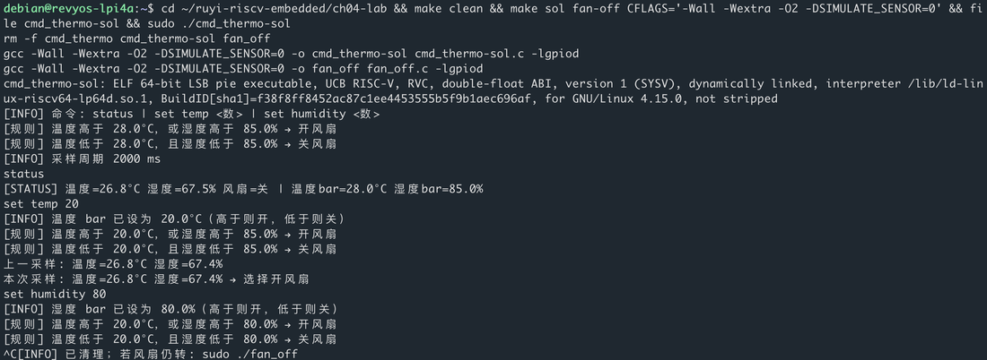 荔枝派上真 DHT 编译运行 cmd_thermo-sol：file 为 RISC-V，status 读出温湿度并 set temp 开风扇