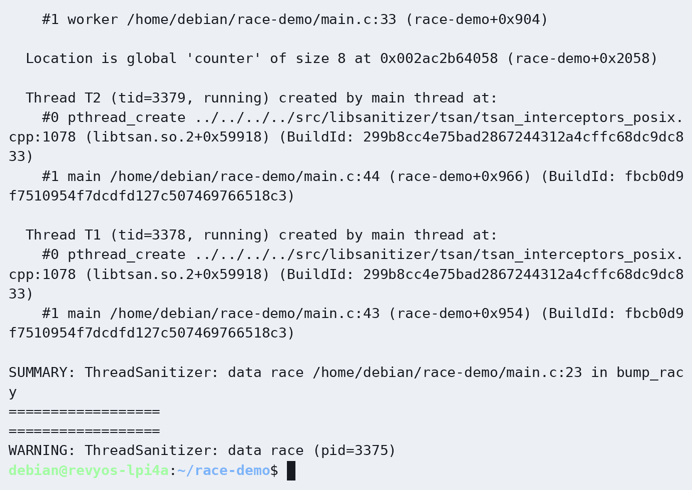 板上 make tsan 后 race-demo 的 ThreadSanitizer 报告